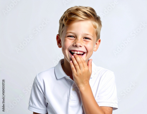 Cara y expresion de felicidad de un niño de raza blanca riendo con la mano en la cara aislado en fondo blanco