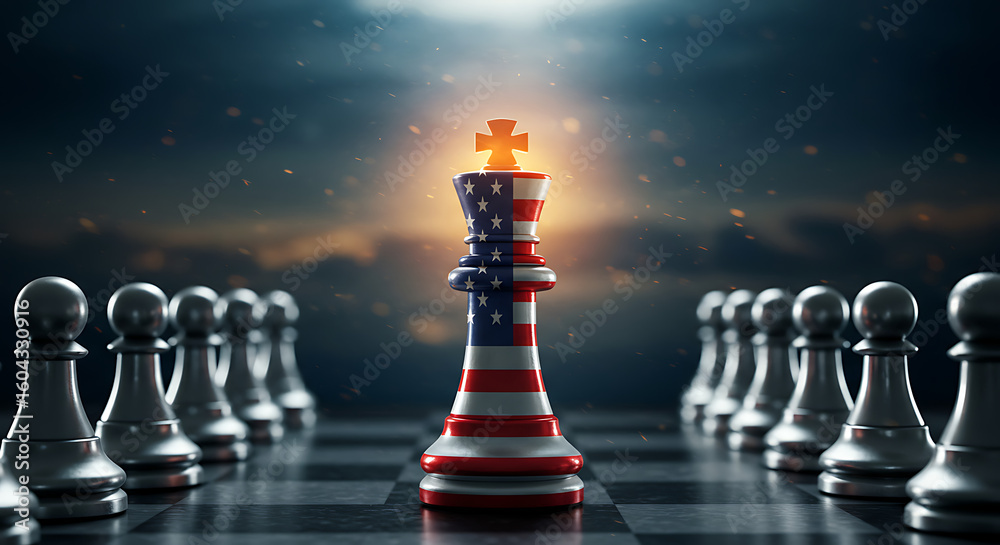 Fototapeta premium American flag chess king piece standing out on chessboard