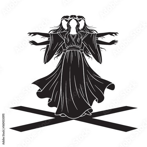 Mystical Hecate digital black vector artwork, ideal for portraying the goddess of magic's enigmatic presence – Hecate silhouette – Hecate Vector – Silhouette of Hecate – Greek goddess silhouette

