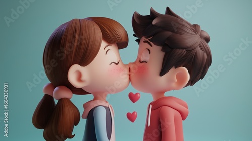 3d rendering character girl and boy kissing.Generative AI