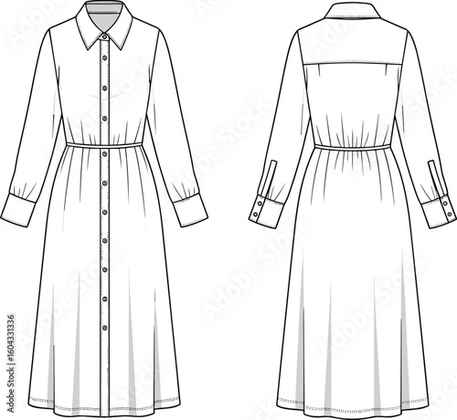 CAD drawing flat vector illustration, long sleeve shirt dress sketch, gathered waist design, collared neckline, button-front fashion template