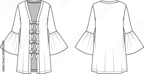 CAD drawing flat vector illustration, bow-tie blouse sketch, flared sleeve detail, V-neck front closure design, loose fit fashion template