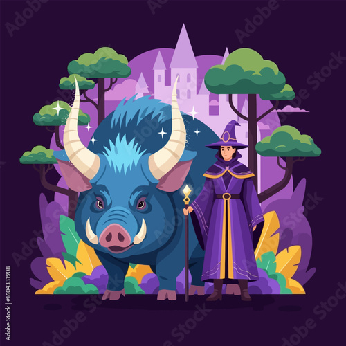 Witch with Blue Boar in Fantasy Forest at Castle