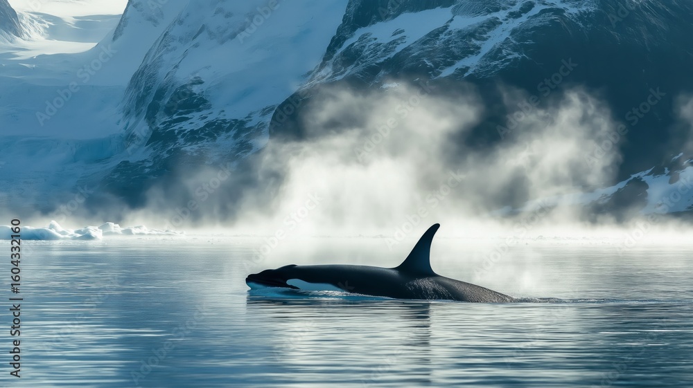 Fototapeta premium An orca gracefully swims through tranquil icy waters surrounded by mist and towering mountains.