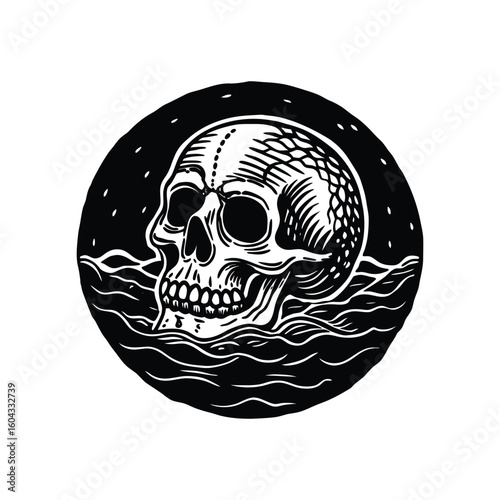 A classic skull and crossbones symbol, often used as a pirate flag or a danger sign, features a human skull with two bones crossed beneath it, an iconic illustration of death and horror
