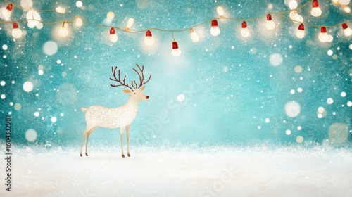 Winter scene featuring a reindeer against a snowy blue background with lights