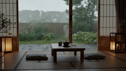 A serene Japanese room with a low table and tea set looking out onto a rainy garden