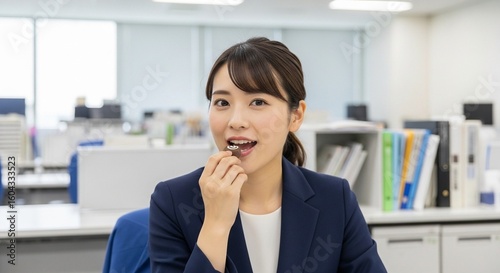 チョコレートで一息つく日本人ビジネスウーマン
