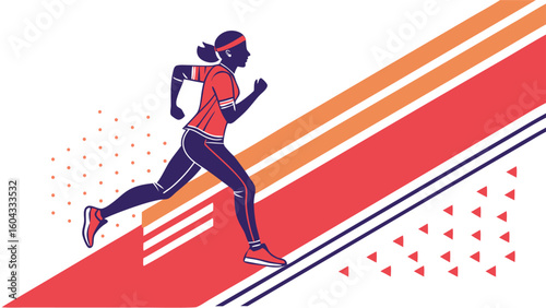 Dynamic illustration of a female runner in motion showcasing speed and determination against a backdrop of vibrant stripes and abstract shapes