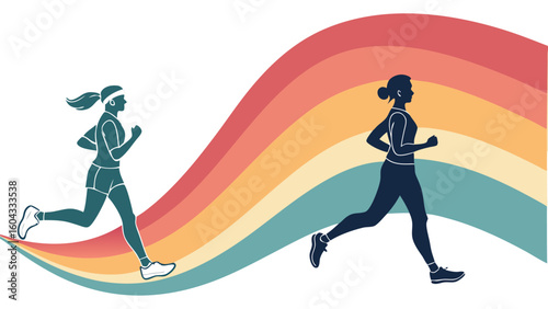 Two female runners in silhouette race against a backdrop of colorful wavy lines representing a vibrant energetic journey