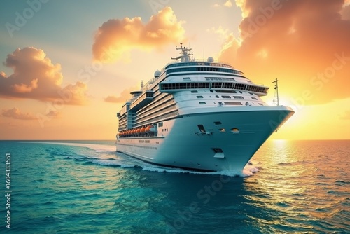 A luxurious cruise ship on a turquoise ocean with a sunset backdrop, ideal for travel ads