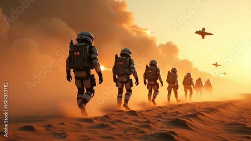 Futuristic soldiers march across desert landscape