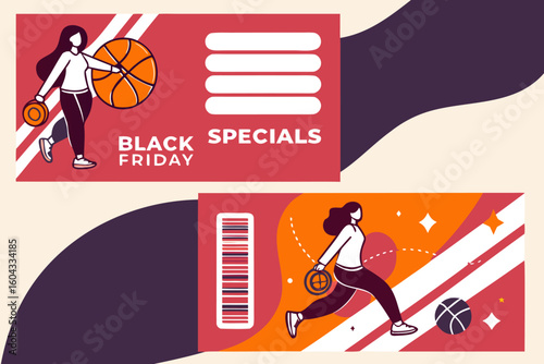 Black friday basketball specials featuring dynamic illustrations of female athletes with basketballs and promotional elements perfect for sports marketing