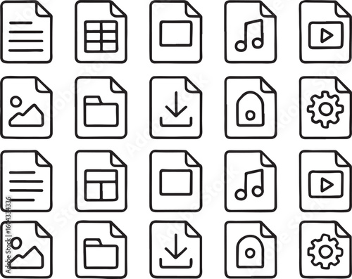 Document icons for text spreadsheet presentation music video image folder download settings