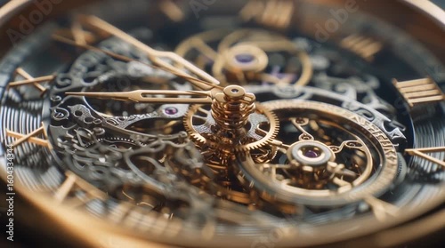 Extreme macro of the intricate inner workings of a luxury Swiss watch, showing the moving gears and mechanism. Concept of precision and time