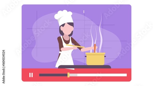 Food Cooking vlog recording animation, Female Home Chef Giving Webinar animated video,Online video Training Clip, E-Learning footage, Virtual courses or Digital Academy motion graphics