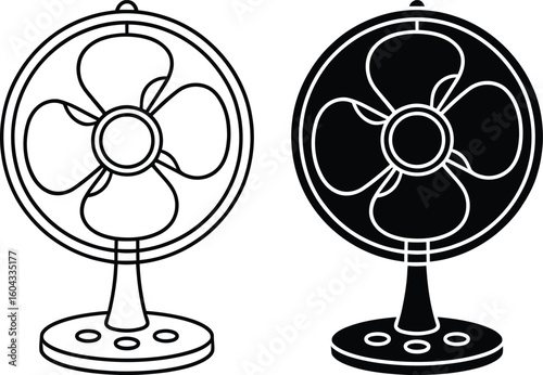 Two contrasting graphic illustrations of a desk fan one in outline and one in silhouette