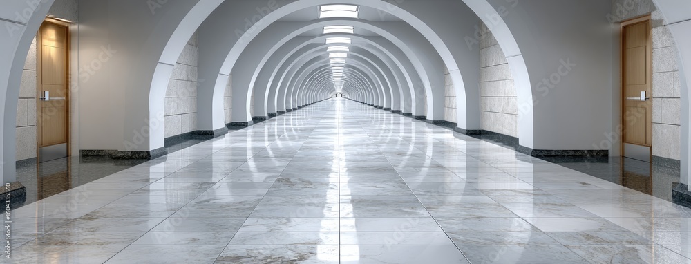 Obraz premium A bright, white curved tunnel allows light to filter through, casting a calming shadow along the smooth concrete floor