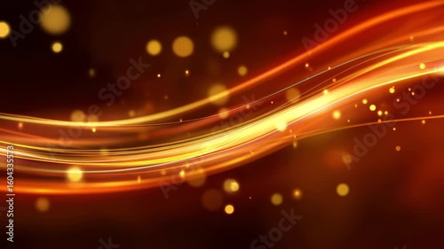 Abstract glowing golden lines flowing through dark brown background with bokeh particle elements