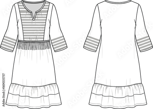 CAD drawing flat vector illustration, striped bodice long dress sketch, tiered skirt fashion design, gathered waist detail, template artwork