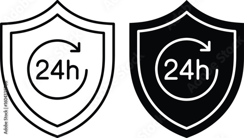 Shield icons with 24 hour service symbol in black and white