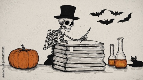 An illustration in a vintage, slightly gritty style, showcasing a skeleton wearing a tiny, crooked top hat, perched atop a stack of dusty spellbooks on a creaking wooden desk.