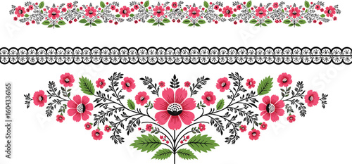 Floral border and lace motif vector, pink bouquet arrangement sketch, decorative blossom trim design, CAD drawing, digital artwork template