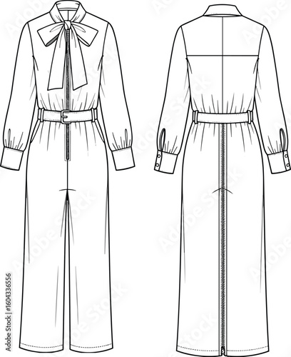 CAD drawing flat vector illustration, bow neck jumpsuit sketch, long sleeve design, belted waist detail, wide-leg fashion template