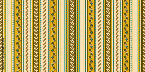 Vintage style ornamental vertical striped floral and geometric seamless pattern tiny flowers, leaves, and stripes, perfect for backgrounds, textiles, or crafts