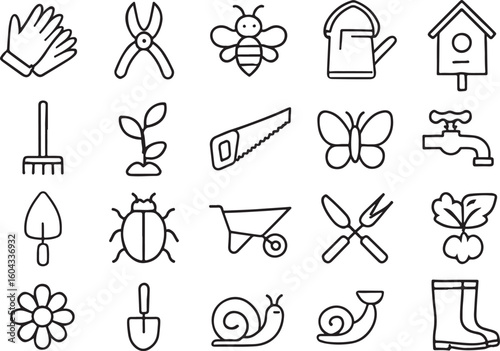 Garden tools plants insects and animals vector icons gardening