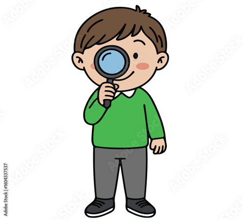 cartoon boy exploring nature closely with magnifying glass discovering plants insects and outdoor wonders