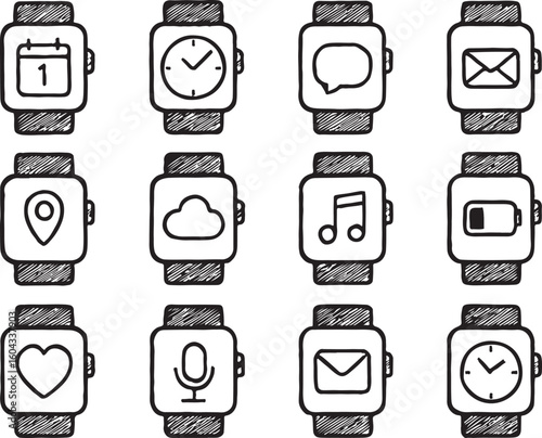 Hand drawn smartwatch icons calendar clock chat message location cloud music battery heart