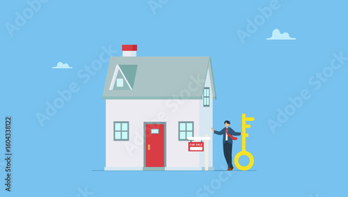 Businessman selling home with key and for sale sign. House for sale, selling real estate, home buyer or property agent, rent or buy, mortgage, or purchase new house, homeowner, residential.