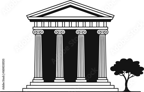 Ancient greek temple with a single tree