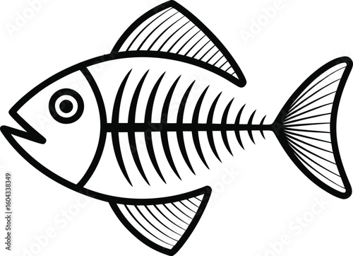 Simple black and white drawing of a fish skeleton with fins and tail