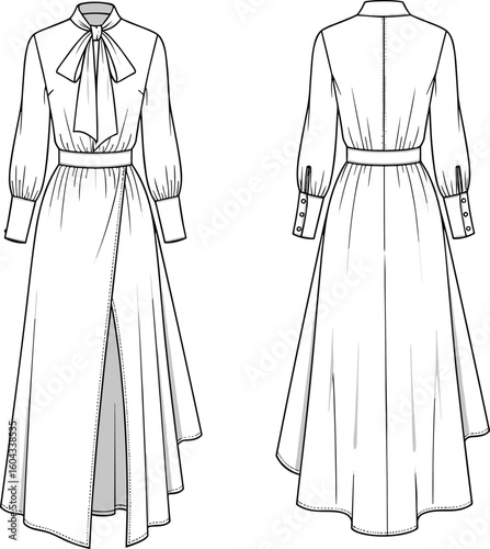 CAD drawing flat vector illustration, high neckline dress sketch, bow tie detail, long sleeve design, front slit fashion template