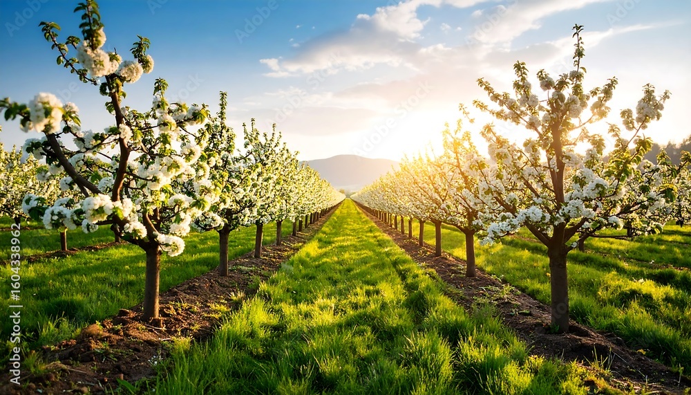 Naklejka premium Blossoming orchard at sunset