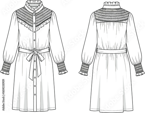 CAD drawing flat vector illustration, ruffled collar dress sketch, pleated yoke design, button front closure, belted waist fashion template