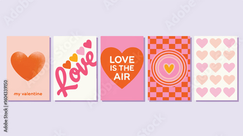 Five Valentine's Day greeting cards with hearts and text on a light purple background love romance