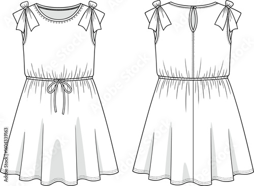 CAD drawing flat vector illustration, sleeveless bow-strap dress sketch, gathered waist detail, wavy hemline, keyhole back, fashion template