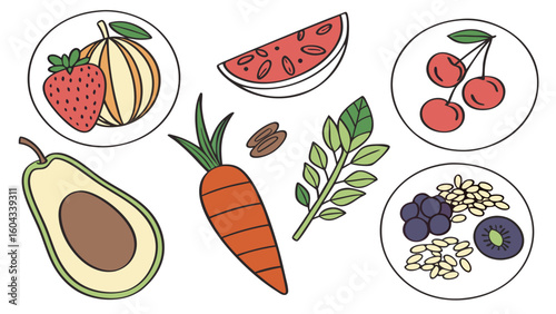 A vibrant collection of hand drawn fruits and vegetables including strawberries melon cherries avocado carrots blueberries and seeds presented in a playful and colorful illustration