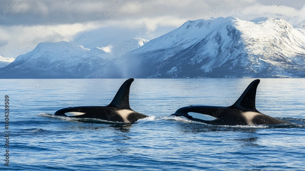 Fototapeta premium Two orcas glide effortlessly through tranquil waters, with stunning mountains in the background.