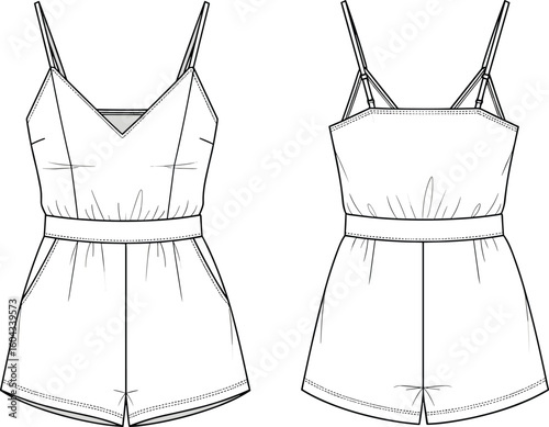 CAD drawing flat vector illustration, sleeveless romper sketch, pleated shorts detail, V-neck design, spaghetti strap fashion template