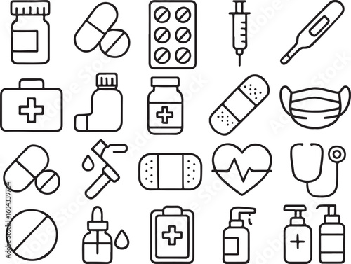 Medical supplies and equipment icons health healthcare