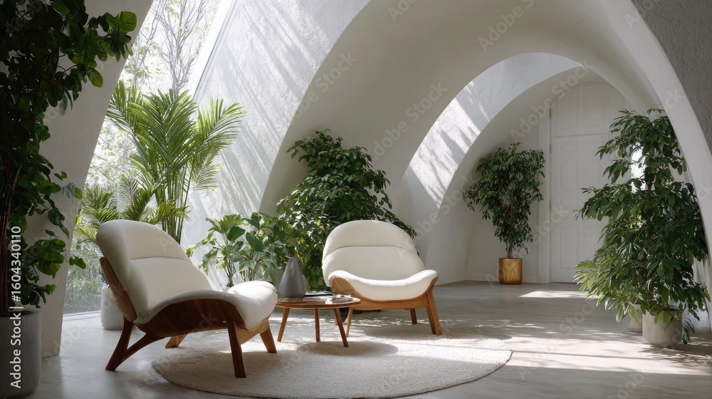 Fototapeta premium Interior of a natural cave home showcases organic shapes, white walls, and wood furniture among lush greenery for a calming atmosphere