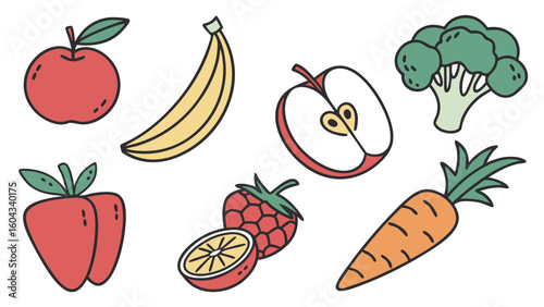 A vibrant collection of hand drawn fruits and vegetables including apples bananas strawberries raspberries oranges broccoli and carrots presented in a playful and colorful style