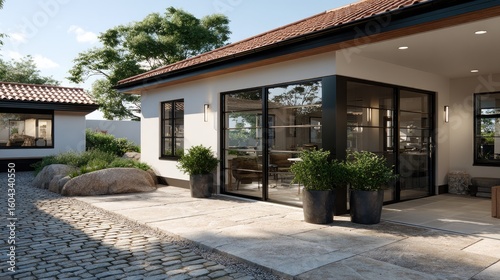 Wallpaper Mural The entrance features glass doors with black frames, surrounded by cobblestones and vibrant spring foliage. Torontodigital.ca