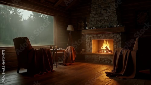 Cozy cabin interior with a stone fireplace armchairs and a window overlooking a rainy forest