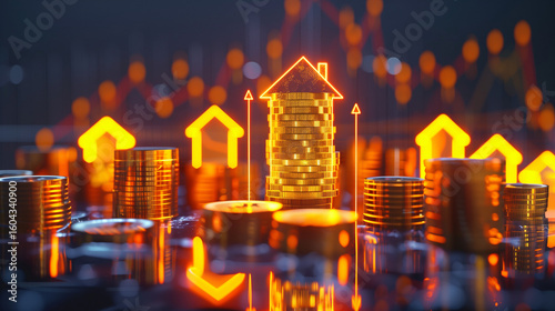  a visually striking digital concept of real estate investment and economic growth It features a glowing orange outline of a house filled with stacked coins at the center, symbolizing wealth 