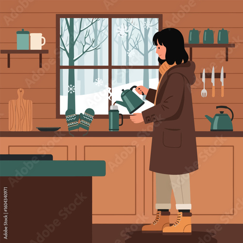 Woman Pouring Hot Drink in Cozy Winter Cabin Kitchen